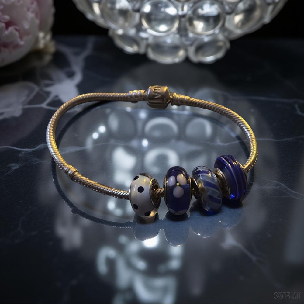 Pandora Sterling Silver & Glass Charms & Bracelet